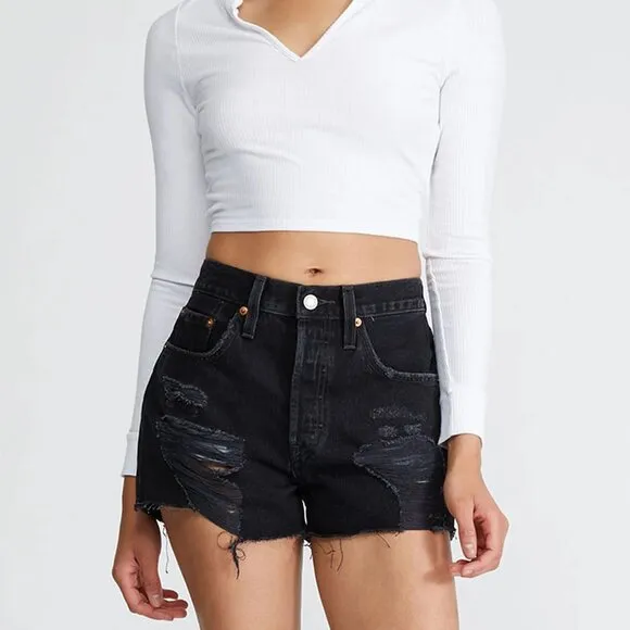 016 Levi's 501 Black Ripped Denim Shorts NWOT Size 29