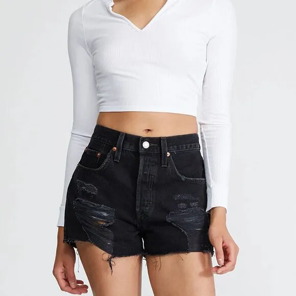 016 Levi's 501 Black Ripped Denim Shorts NWOT Size 29