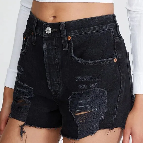 016 Levi's 501 Black Ripped Denim Shorts NWOT Size 29