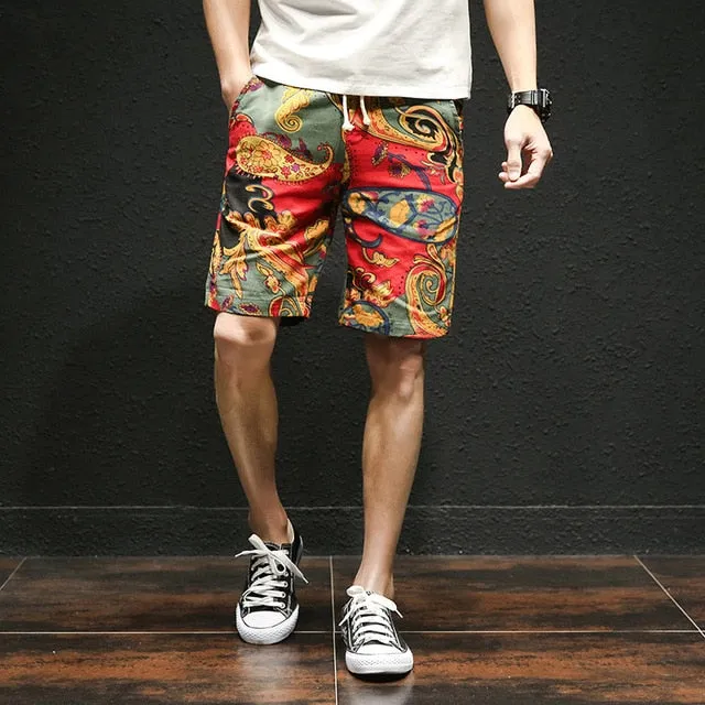 2018 summer new Hawaiian style flower beach shorts men's cotton linen elastic waist large size casual shorts M-5XL