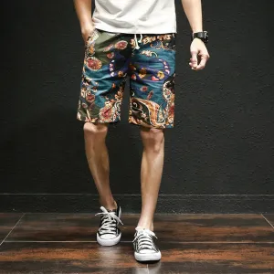 2018 summer new Hawaiian style flower beach shorts men's cotton linen elastic waist large size casual shorts M-5XL