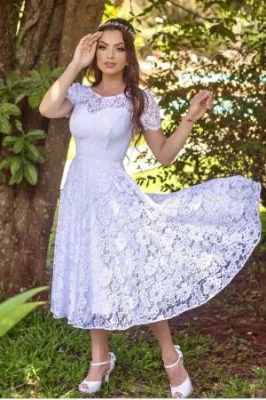 2021 Lace White Midi-length Birdal Gown Short Sleeve