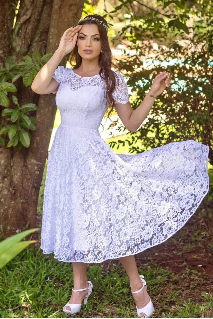 2021 Lace White Midi-length Birdal Gown Short Sleeve