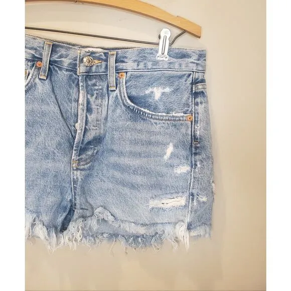 Agolde Distressed Raw Frayed Cut Off Button Fly Light Wash Denim Shorts Size 26