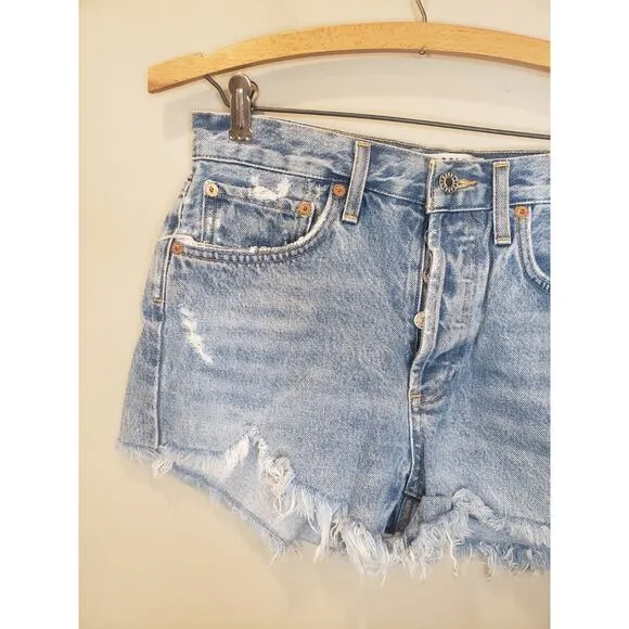 Agolde Distressed Raw Frayed Cut Off Button Fly Light Wash Denim Shorts Size 26