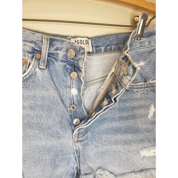 Agolde Distressed Raw Frayed Cut Off Button Fly Light Wash Denim Shorts Size 26