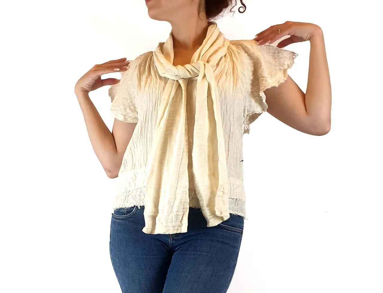 Aje cream silk-linen mix short sleeve top with beautiful front drape size 10