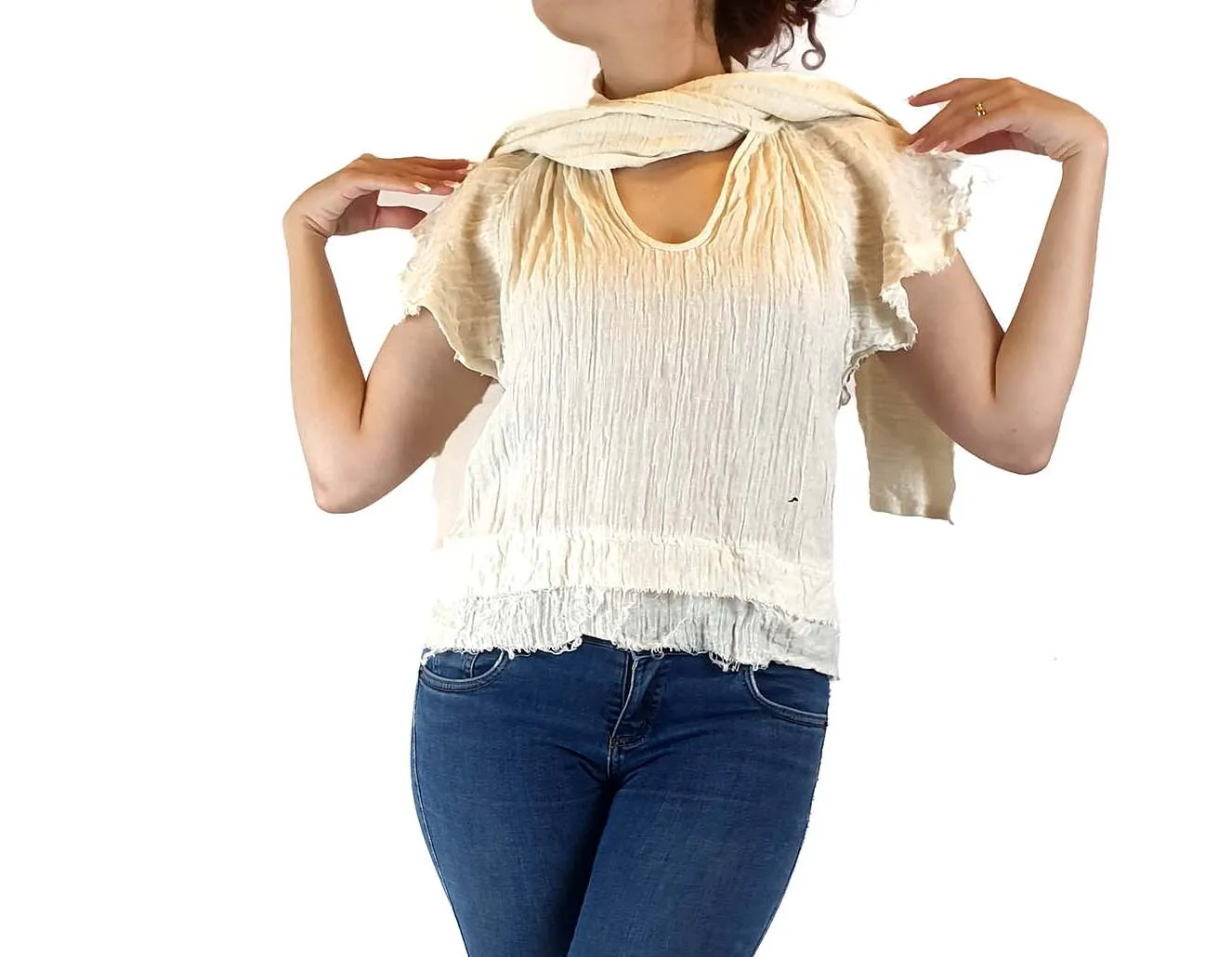 Aje cream silk-linen mix short sleeve top with beautiful front drape size 10
