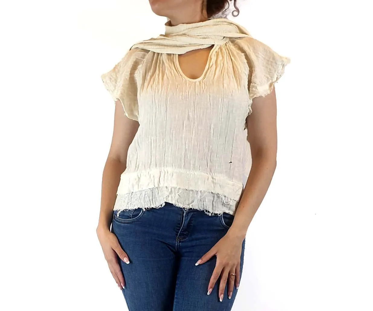 Aje cream silk-linen mix short sleeve top with beautiful front drape size 10
