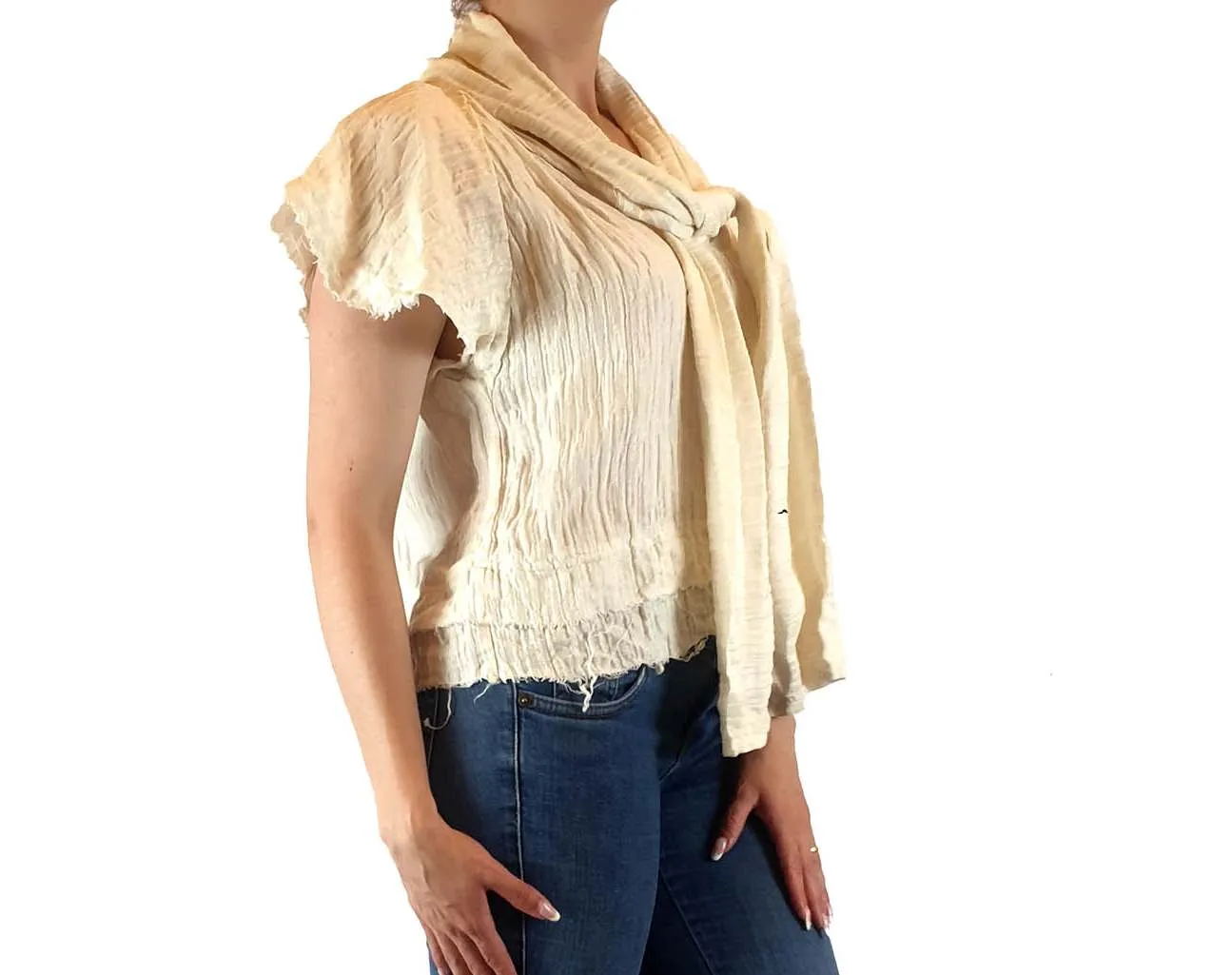 Aje cream silk-linen mix short sleeve top with beautiful front drape size 10