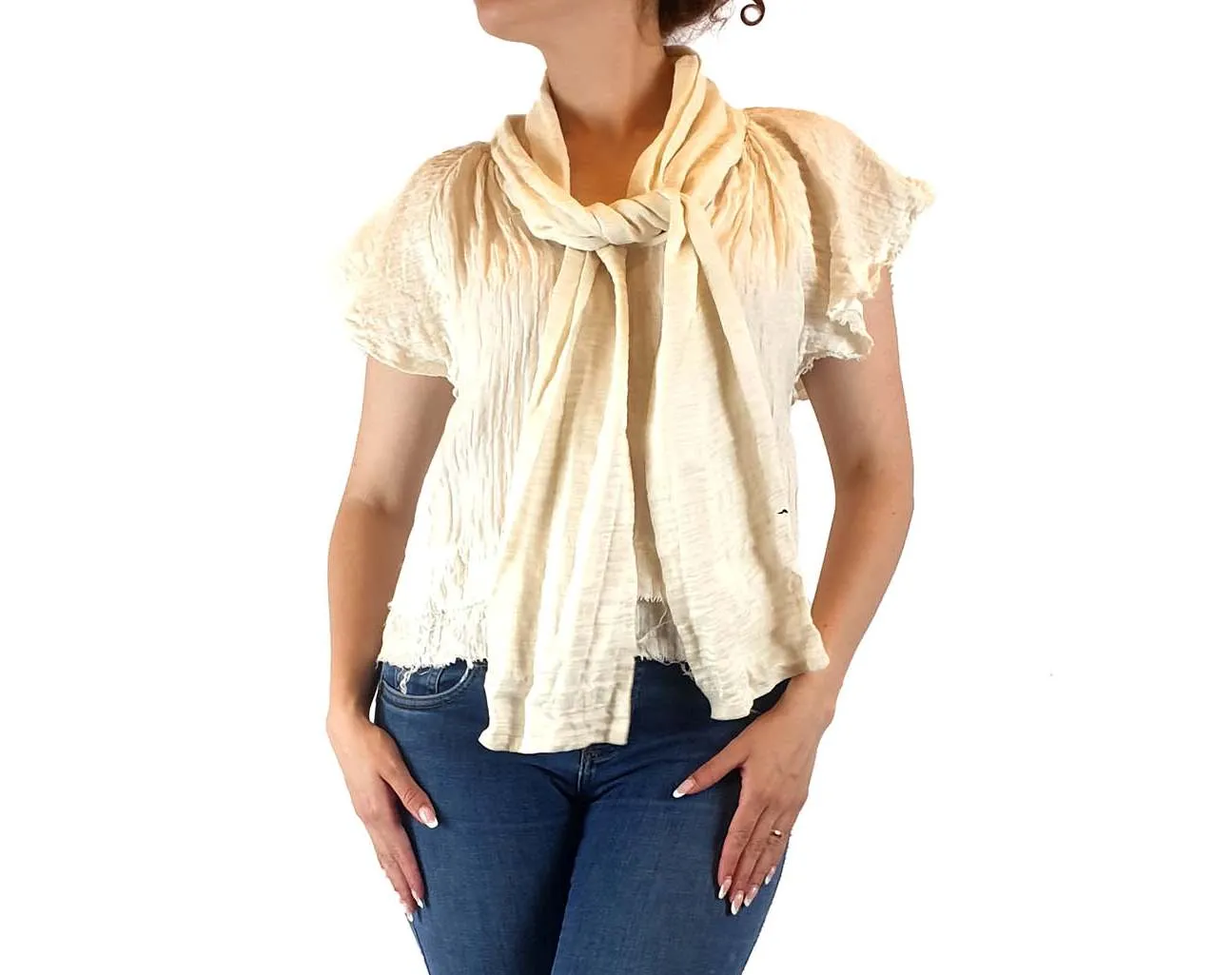 Aje cream silk-linen mix short sleeve top with beautiful front drape size 10