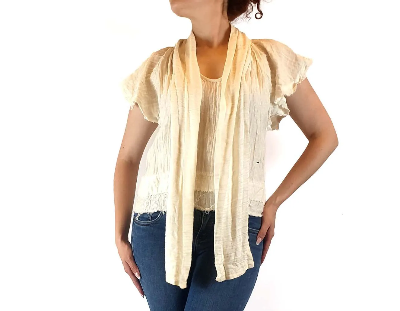 Aje cream silk-linen mix short sleeve top with beautiful front drape size 10