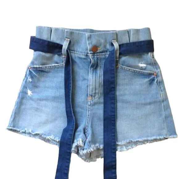 Alice   Olivia Denim Jean Shorts Paper Bag Waist and Tie Belt 25