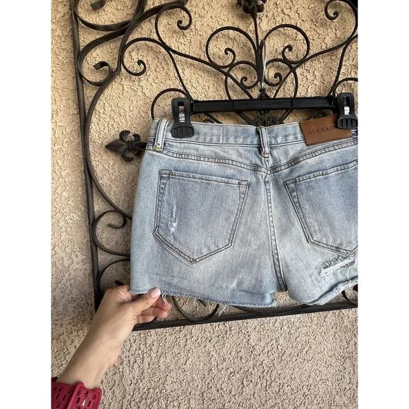 All Saints Hot Pant Fit Denim Cut Off Shorts - Size 27 - Light Wash Blue