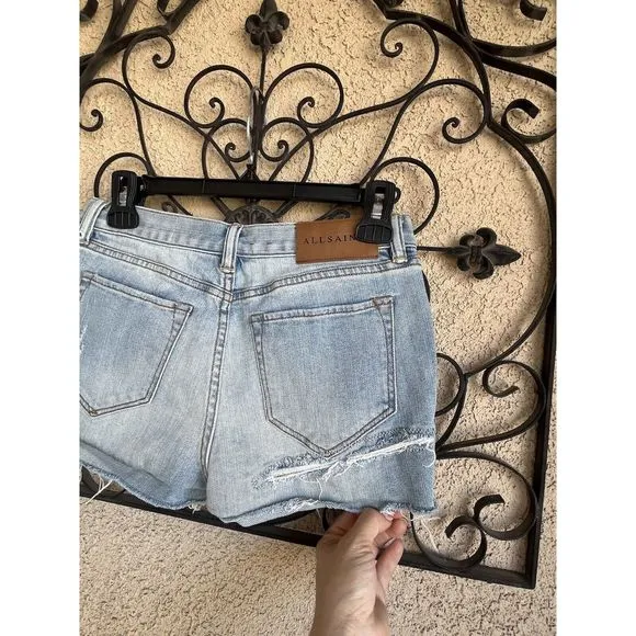 All Saints Hot Pant Fit Denim Cut Off Shorts - Size 27 - Light Wash Blue