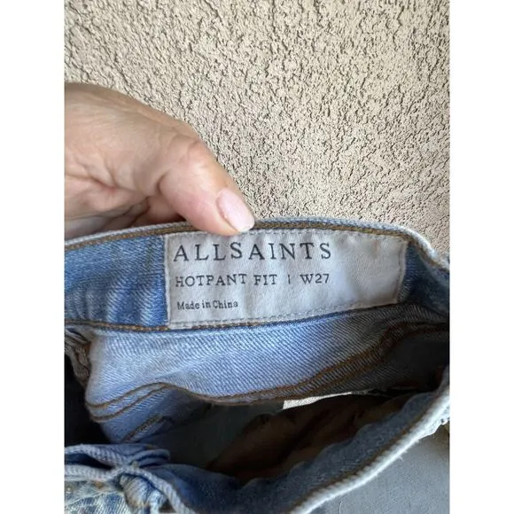 All Saints Hot Pant Fit Denim Cut Off Shorts - Size 27 - Light Wash Blue