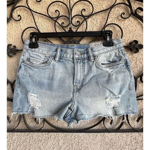 All Saints Hot Pant Fit Denim Cut Off Shorts - Size 27 - Light Wash Blue