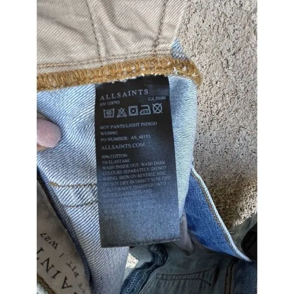 All Saints Hot Pant Fit Denim Cut Off Shorts - Size 27 - Light Wash Blue