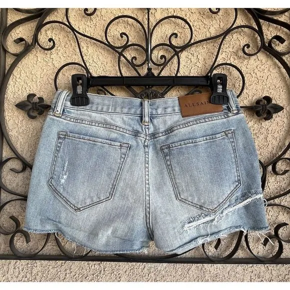 All Saints Hot Pant Fit Denim Cut Off Shorts - Size 27 - Light Wash Blue
