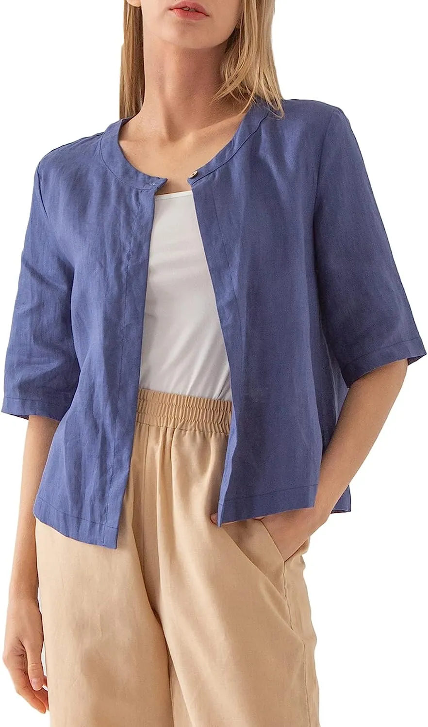 Amazhiyu Pure Linen Open Front Cropped Cardigan