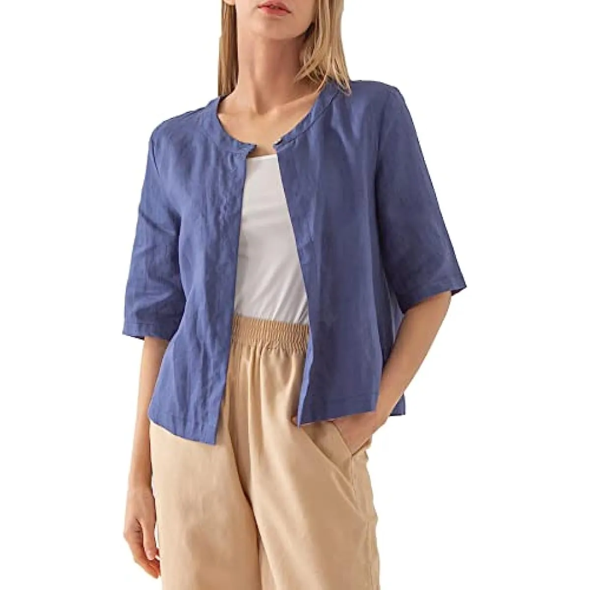 Amazhiyu Pure Linen Open Front Cropped Cardigan