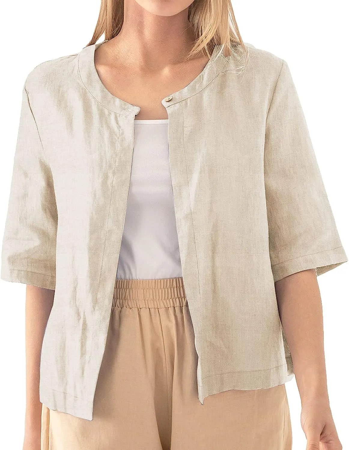 Amazhiyu Pure Linen Open Front Cropped Cardigan