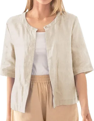 Amazhiyu Pure Linen Open Front Cropped Cardigan