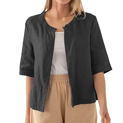 Amazhiyu Pure Linen Open Front Cropped Cardigan