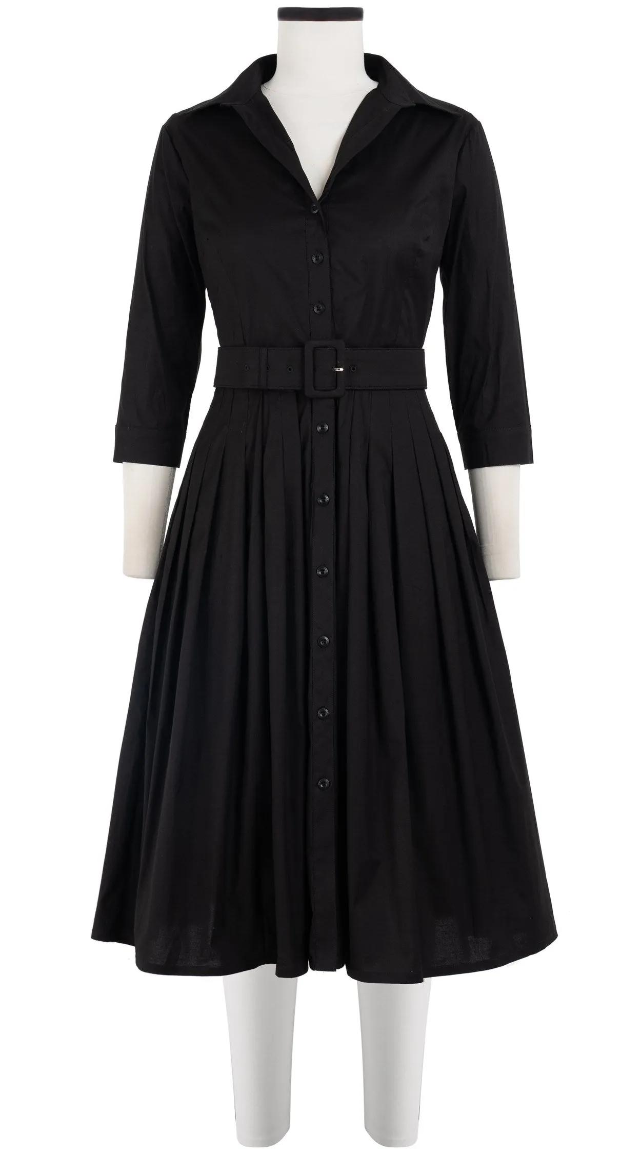 Audrey Dress #2 Shirt Collar 3/4 Sleeve Long Length Cotton Stretch (Solid)