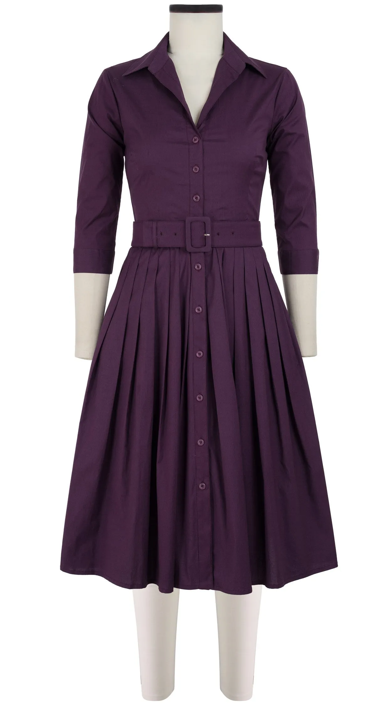 Audrey Dress #2 Shirt Collar 3/4 Sleeve Long Length Cotton Stretch (Solid)
