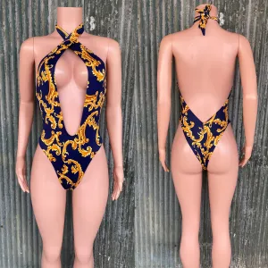 Baroque print halter monokini