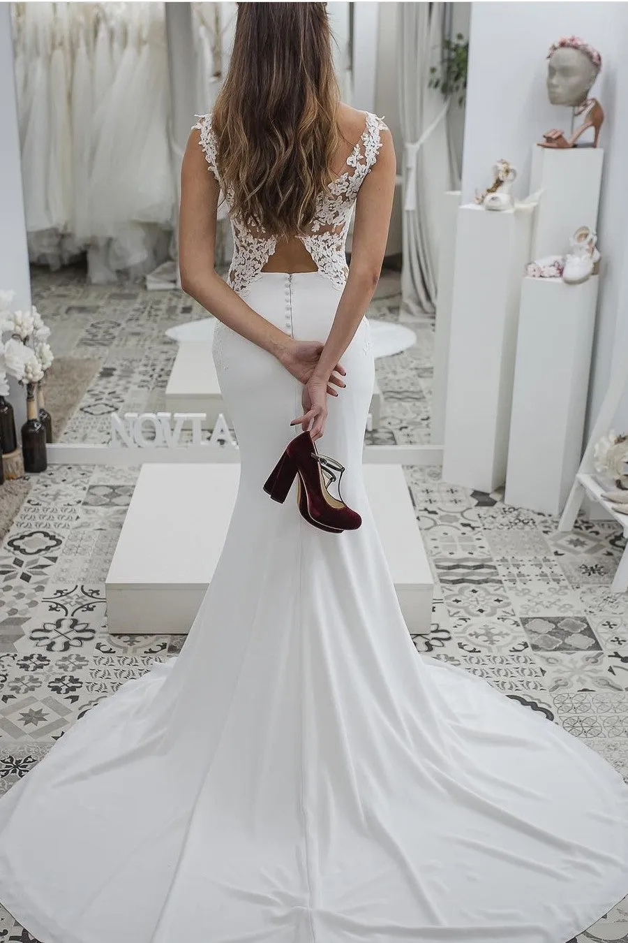 Bateau Mermaid Wedding Dresses with Lace X Back