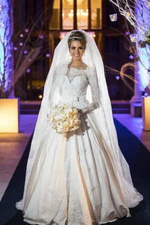 Beaded Lace Long Sleeves Wedding Dress with Satin Skirt