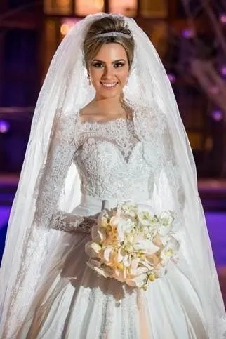 Beaded Lace Long Sleeves Wedding Dress with Satin Skirt