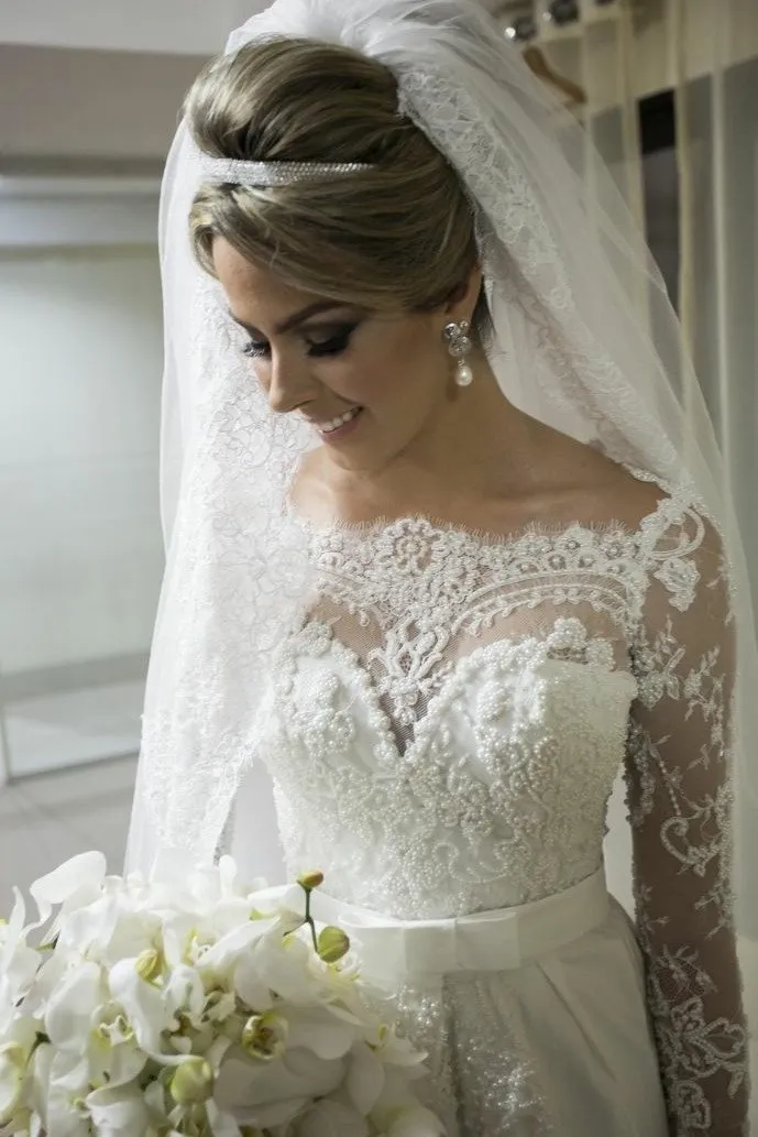 Beaded Lace Long Sleeves Wedding Dress with Satin Skirt