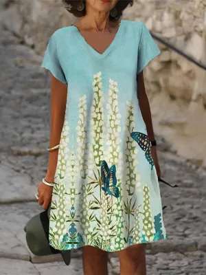 BerryBetty - Blue Floral V Neck Causal Short Sleeve Shift Dress