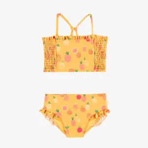 Bikini jaune avec culotte à volants à motifs de fruits, enfant || Yellow bikini with ruffled panties with fruit all over print, child