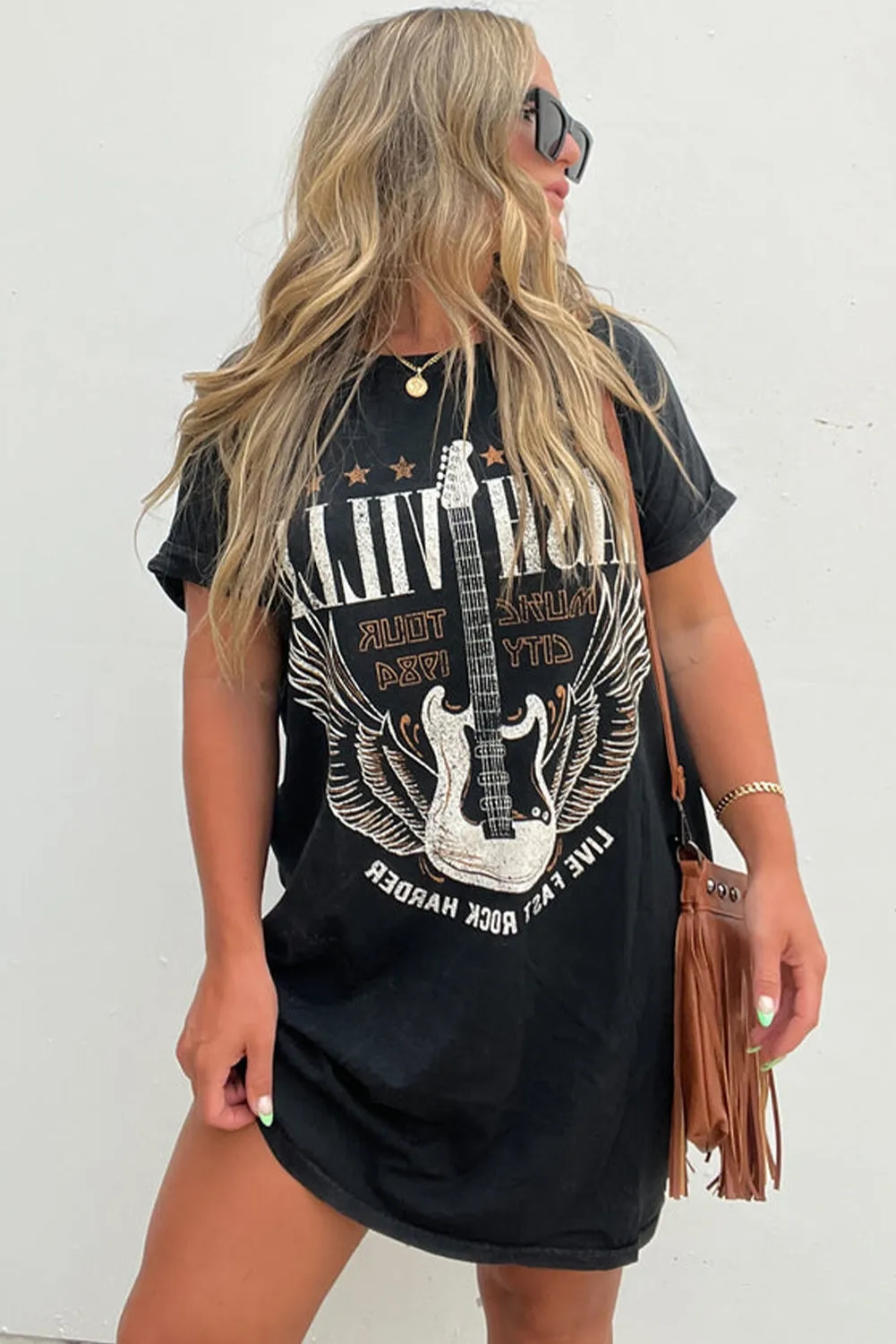 Black Nashville Guitar Print Crew Neck T Shirt Mini Dress