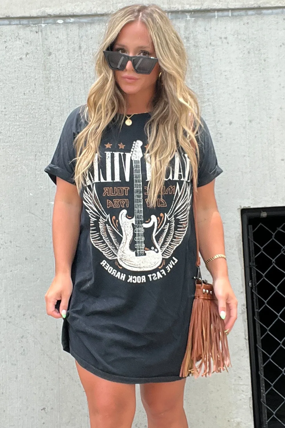 Black Nashville Guitar Print Crew Neck T Shirt Mini Dress