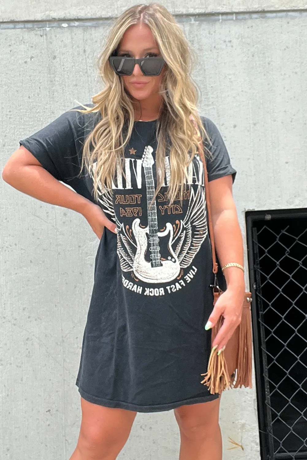 Black Nashville Guitar Print Crew Neck T Shirt Mini Dress