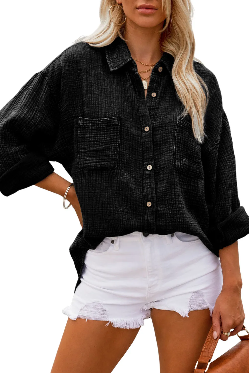 Black NOBERT COTTON BUTTON DOWN TOP