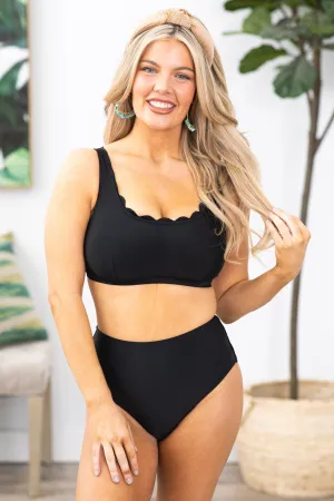 Black Scalloped Square Neck Bikini Set
