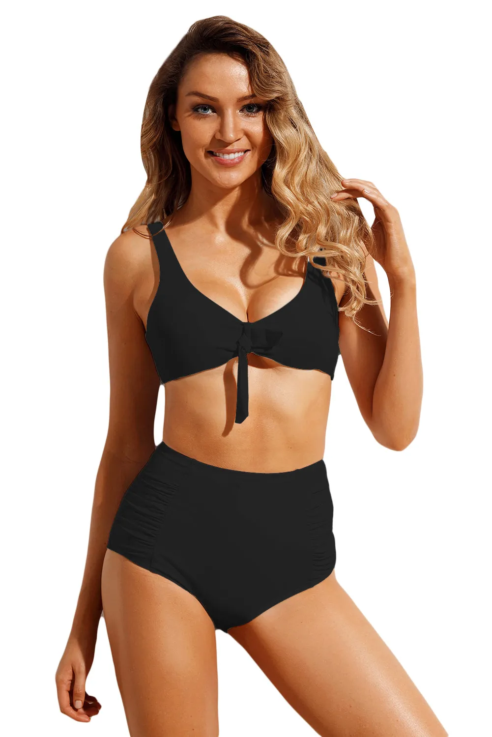 Black Tie Front Bikini Ruched High Waist Swimsuit