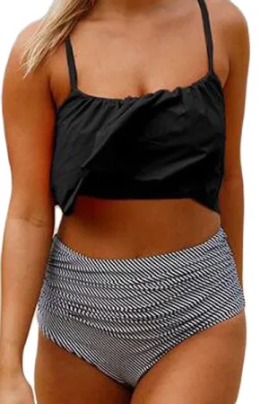 Black Top and Striped Bottom High Waist Swimwear