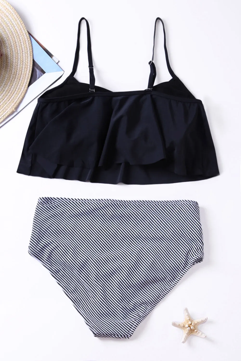 Black Top and Striped Bottom High Waist Swimwear