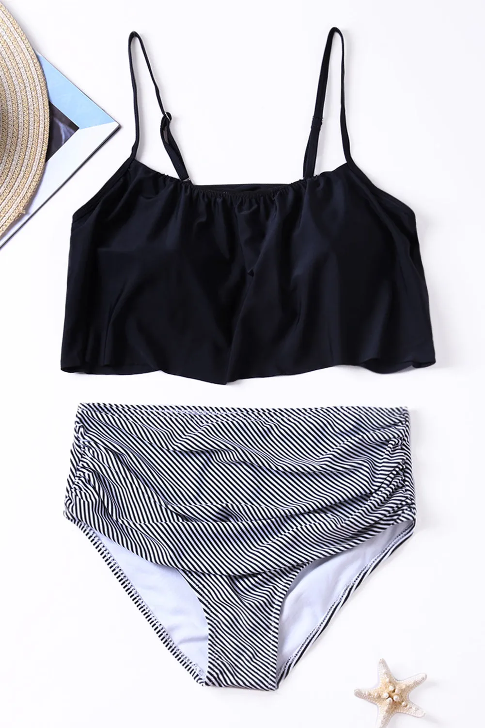 Black Top and Striped Bottom High Waist Swimwear