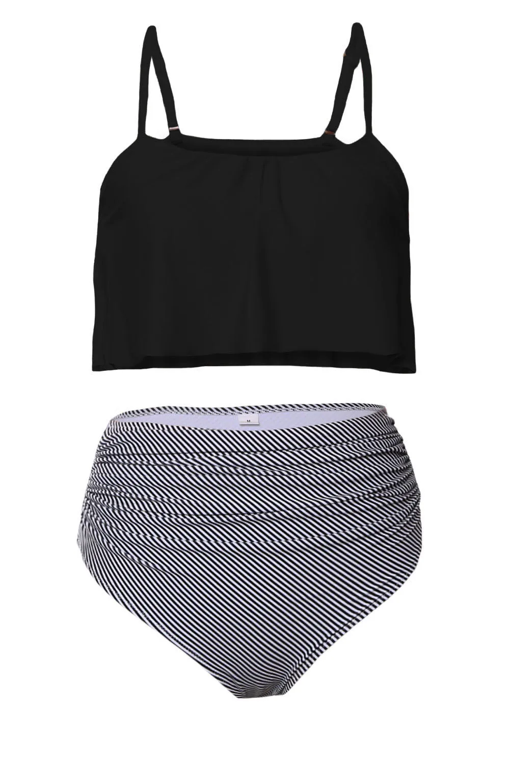 Black Top and Striped Bottom High Waist Swimwear