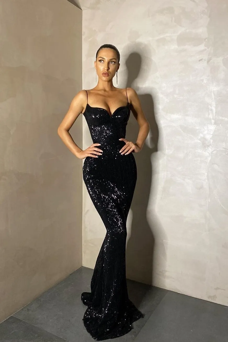 Bling Bling Sequin Black Prom Long Dresses with Thin Straps