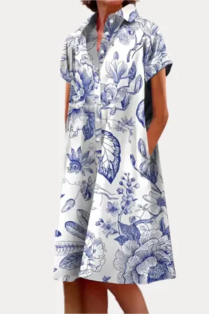 Blue and White Design Pocket Shirt Dress