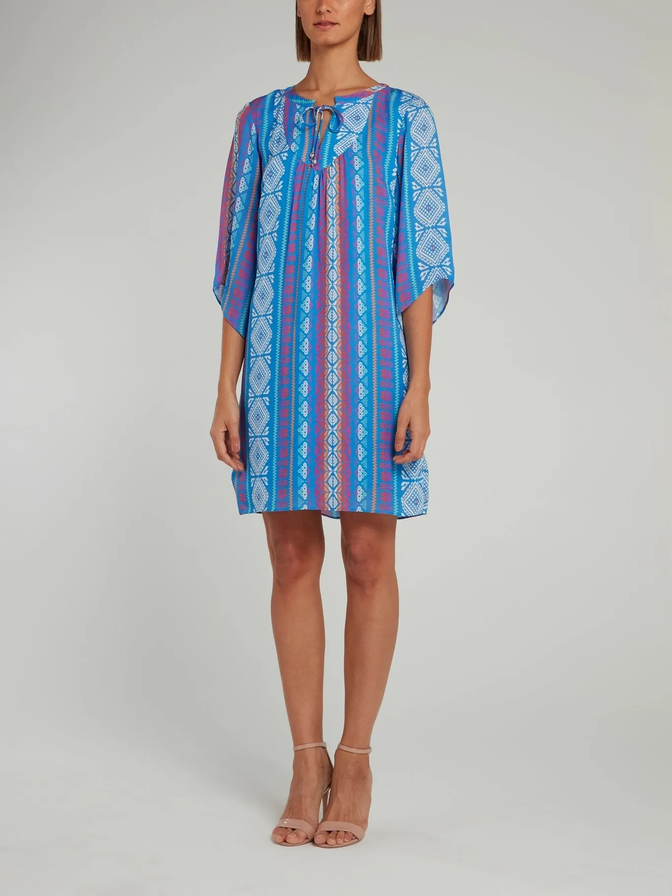 Blue Jacquard Print Half Sleeve Shift Dress